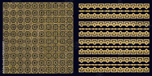 Intricate golden geometric pattern on a dark navy background