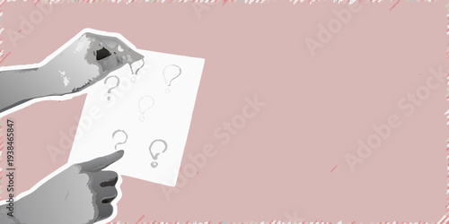 Hands tearing paper with question marks symbolizing uncertainty and ideas