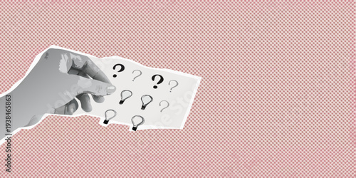 A hand holding a paper with question marks and lightbulb illustrations