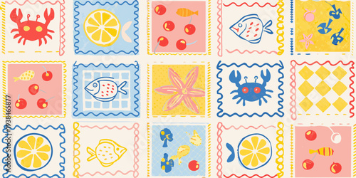 Colorful hand drawn style postage stamps featuring various marine life and fruit