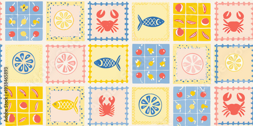 A colorful tile pattern featuring fruits seafood and whimsical illustrations