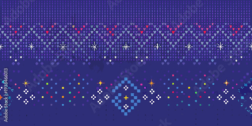 A pixelated night sky with hearts stars and a christmas tree