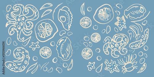 Stylized illustration of marine life and citrus fruit slices on blue
