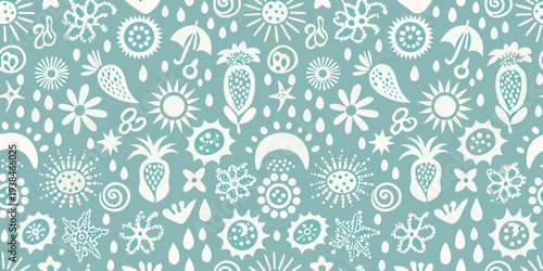 Whimsical floral and celestial pattern on a muted teal background