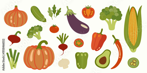 A colorful collection of fresh vegetables arranged on a light background