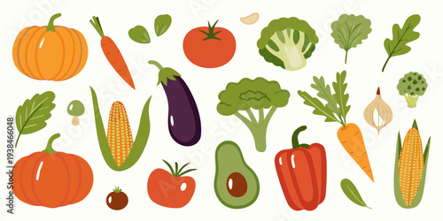 A colorful assortment of fresh vegetables and fruits in a flat design