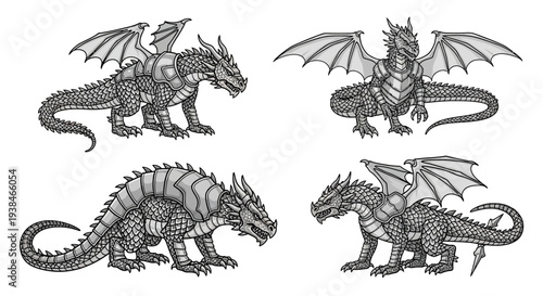 Pixel Art Dragons Set: Fantasy Creatures in Various Poses