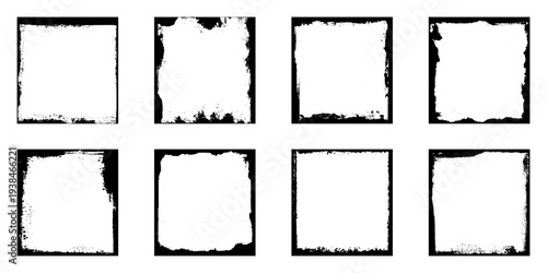 set of grunge frames, a black and white grunge photo frame of a square border, four square frames with black paint on them, 