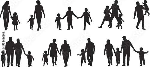 Family Walking Silhouette Collection with Parents and Children Holding Hands and Parenting Moments Isolated for Lifestyle Design
