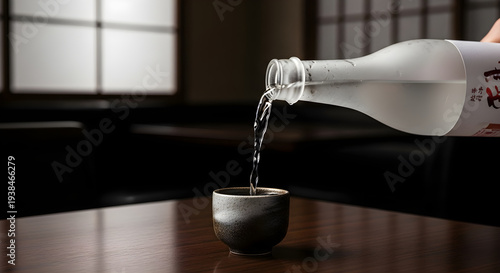 Sake being poured from bottle into cup on wooden table