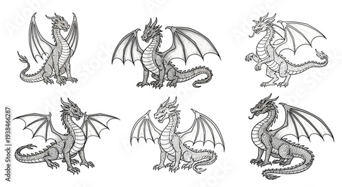 Set of Six Mythical Dragon Illustrations, Fantasy Creatures, Black and White Line Art