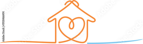 Orange line drawing of a house with a heart inside  symbolizing love and home
