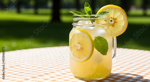 Lemonade with Mint in Mason Jar on Table