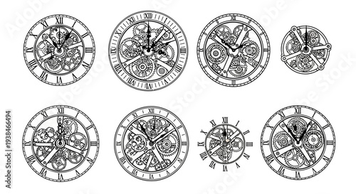 Vintage Clock Mechanisms Collection: Intricate Gears, Roman Numerals, Timepiece Designs