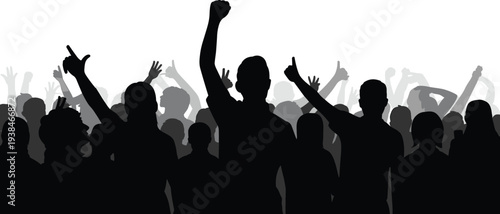 Crowd silhouettes with raised fists and hands, protest rally demonstration gathering, social activism movement supporters cheering audience illustration