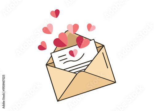 Love letter with floating red and pink hearts, symbolizing affection and romantic communication, in a cute and cheerful vector illustration