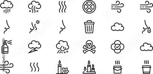Smell, odor, aroma, sniff outline vector icons set. editable stroke. concept of sense of smell.