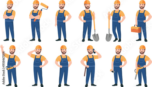 cartoon, construction, worker, character, set, builder, handyman, tools, helmet, uniform, repair, maintenance, contractor, industry, labor, professional, equipment, safety, service, illustration