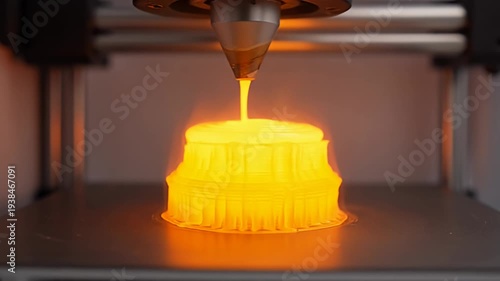 Close up of a 3D printer creating an object with yellow material