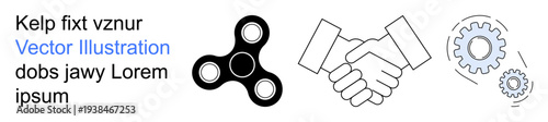 Business strategy, teamwork, collaboration, productivity, innovation, motion. Handshake with gears and a fidget spinner. Business strategy and teamwork concept