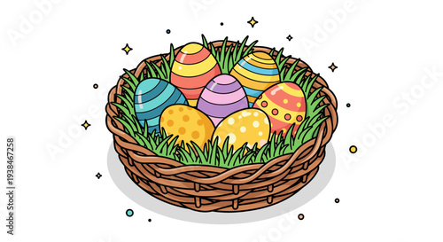 A colorful collection of decorated Easter eggs nestled in a wicker basket with green grass accents