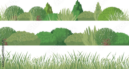Green bushes and grass borders set, garden hedge plants illustration, natural landscape foliage decoration elements vector collection