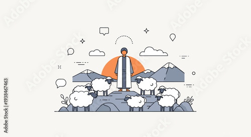 A minimalist illustration of a shepherd with sheep against a mountain backdrop, featuring flat design elements