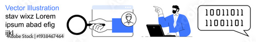 Cybersecurity, data analysis, online communication, digital search, information protection, technology concepts. Magnifying glass, browser window binary code and person at a laptop. Cybersecurity