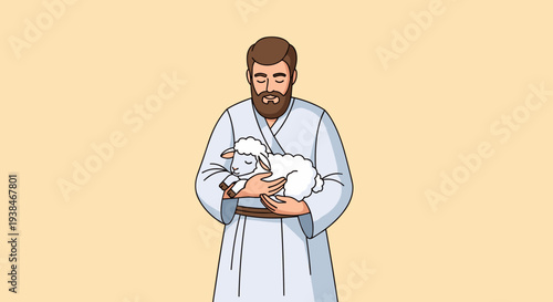 A man holding a sheep, illustrated in a flat, minimalist style against a soft background, ideal for storytelling