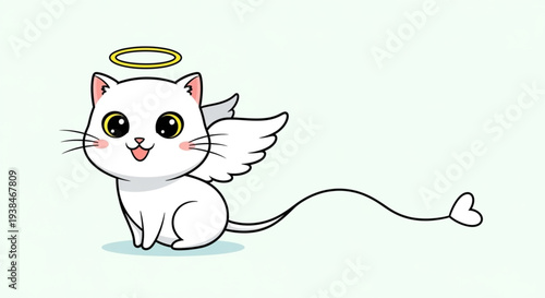 Cute white cartoon angel kitten with halo and heart tail flying on white background