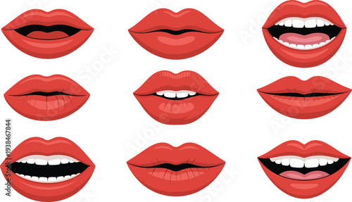 lips, mouth, smile, lipstick, beauty, female, expression, red, makeup, cosmetic, fashion, sensual, face, speaking, talking, emotion, cartoon, set, illustration, vector