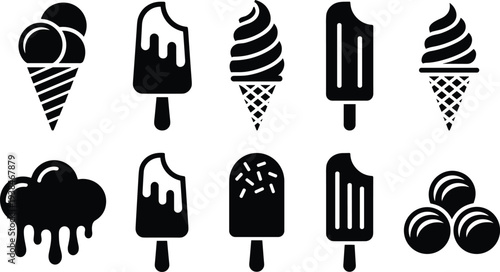 Ice cream icons set, popsicle and cone dessert collection, sweet frozen treat illustration, summer food dessert vector icons