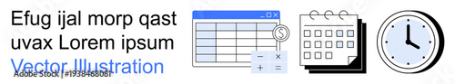 Business planning, scheduling, analytics, time management, calculations, project management. Illustrated table with calculator, calendar and clock. Business planning and scheduling concept