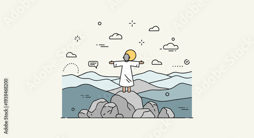 A person standing on a rock with arms outstretched, illustrated in a minimalist style with soft colors and simple lines
