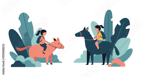 Family with dogs on surfboards beach adventure flat illustration vector