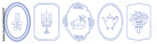 Doodle lace doilies frame and geometric border collection. Minimal hand drawn oval rectangle shapes with elegant retro vintage wedding decor illustrations. Doodle emblem set for invitation cards.