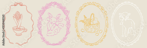 Easter doodle stickers, spring holiday decorative print. Hand drawn cute bunny egg decoration art. Whimsical flower frames, badge, seasonal animal, congratulation invitation card. Easter stickers set.