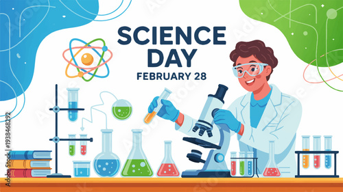 Scientist examining specimen with microscope on science day february 28 surrounded by laboratory equipment and colorful beakers on a wooden table