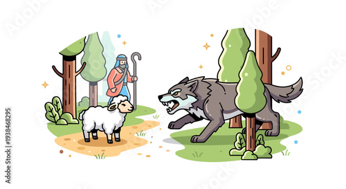 A whimsical illustration depicting a shepherd, a sheep, and a wolf in a vibrant, cartoon style, perfect for storytelling