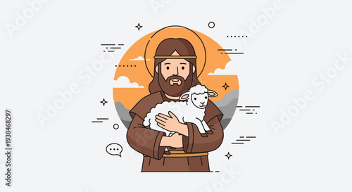 A serene illustration of a shepherd holding a sheep against a sunset backdrop, in a modern flat style