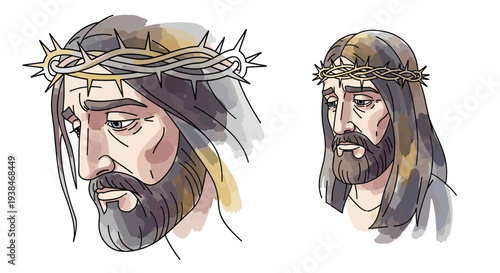 Illustration of Jesus Christ's head with a crown of thorns, featuring a modern, colorful style for religious themes