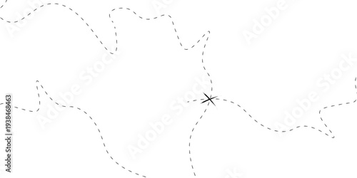 Abstract treasure map element. A dashed line and black X mark ink on the map. old pirate letter.