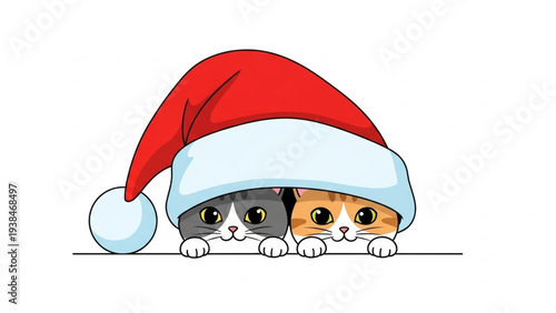 Cute cats wearing Santa hats peeking under snow blanket festive holiday scene