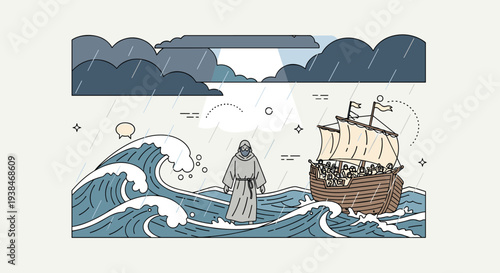 A dramatic scene featuring a ship braving stormy seas, illustrated in a modern flat style