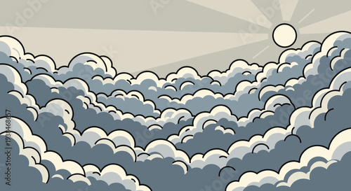 A serene landscape featuring stylized clouds and a rising sun, illustrated in a modern flat style