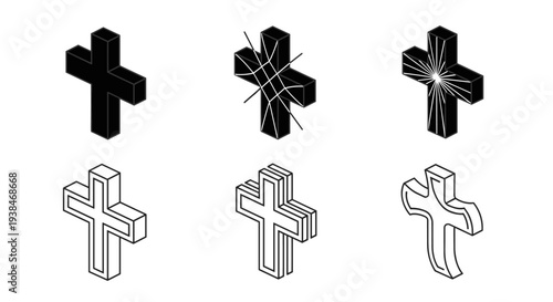 A collection of various cross designs in minimalist style, featuring different shapes and outlines