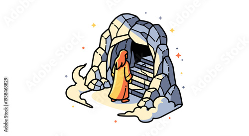 A person in a flowing robe stands at the entrance of a cave, illustrated in a colorful, modern style