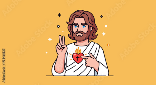 A modern illustration of a figure with long hair and a heart symbol, featuring a bright, cheerful style