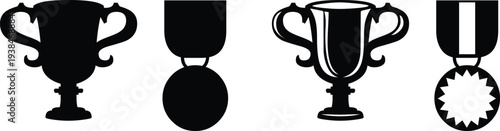 Trophy and award cup icons for victory, achievement, and competition themes. Minimal outline and solid cup symbols with medal badge element. Clean reward graphics for sports ranking, success, 