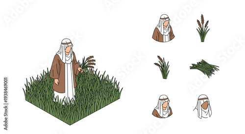 A farmer in traditional attire stands among lush green grass, illustrated in a minimalist style with additional elements